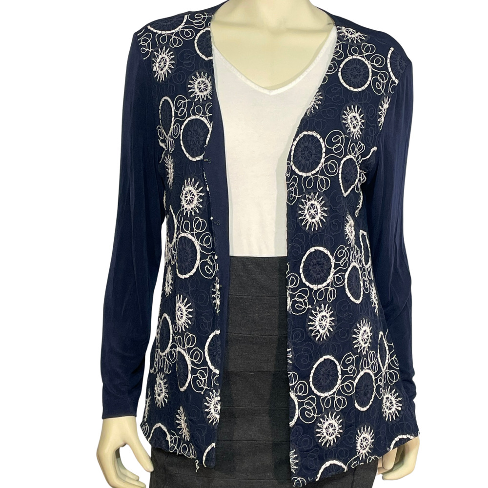Chico's Travelers Sz 2 L 12-14 Open Cardigan Embroidered Slinky Knit Navy Blue - Picture 2 of 9